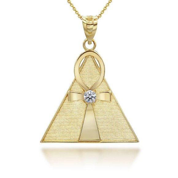 10K Solid Gold Egyptian Ankh Cross On A Pyramid Pendant - Yellow, Rose, or White